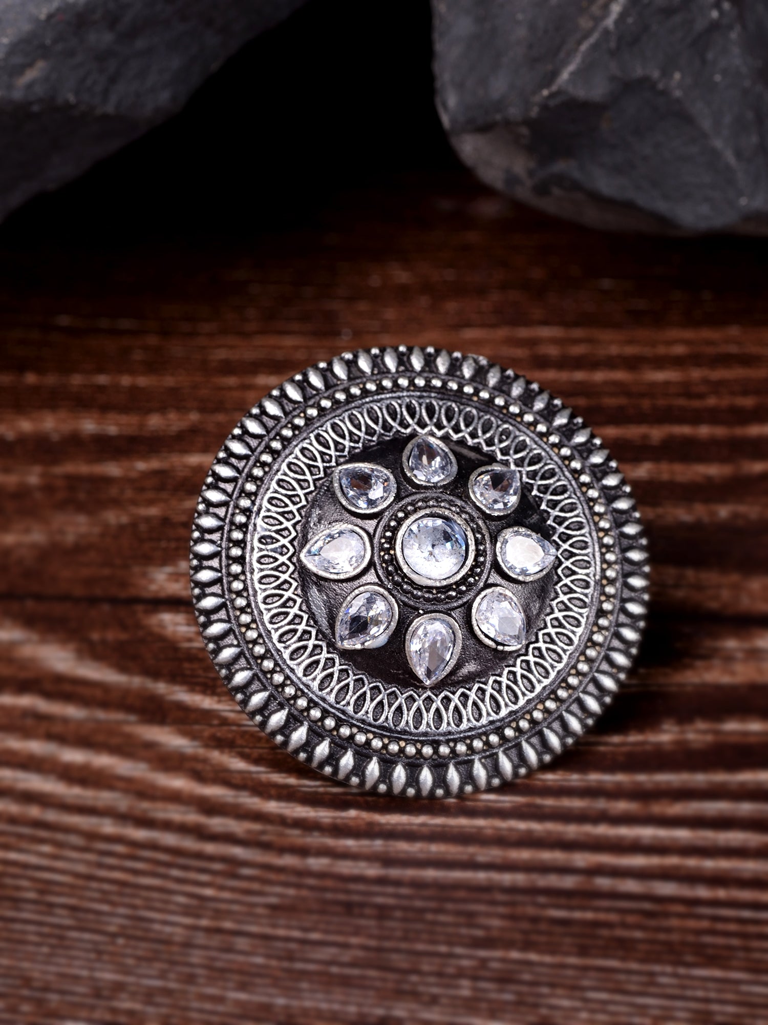 Silver Plated White Stone Studded Antique Finger Ring